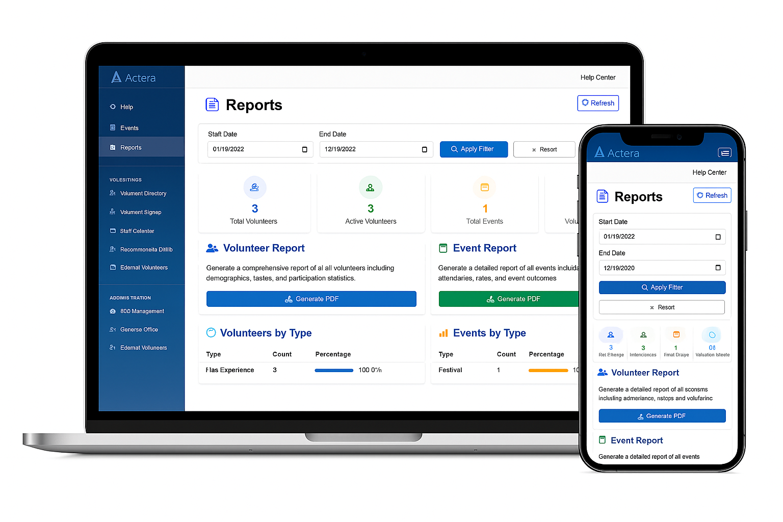 Actera volunteer management dashboard showing event coordination and volunteer scheduling interface